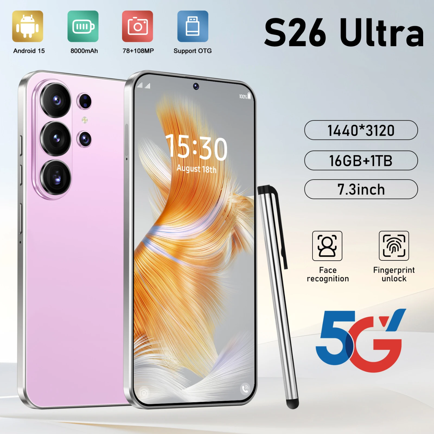 S26 Ultra 7 pulgadas 16GB+1TB Smartphone original 5G HD con CPU Decacore desbloqueado Doble tarjeta Nuevo teléfono móvil