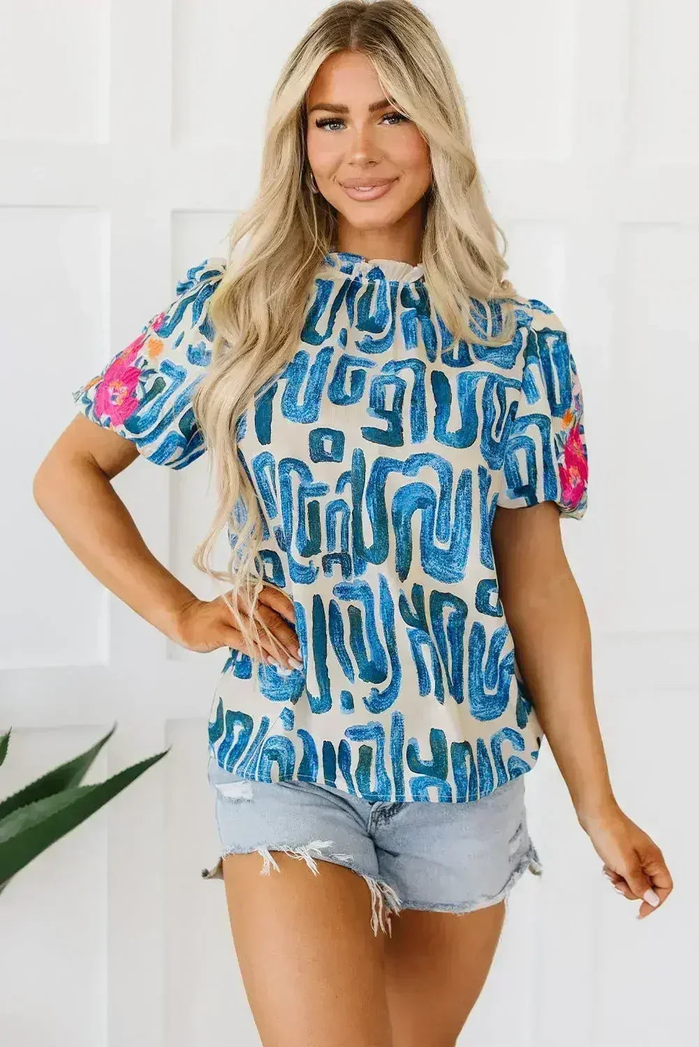 Beige Embroidered Puff Sleeve Frilled Neck Printed Top | Femstylo