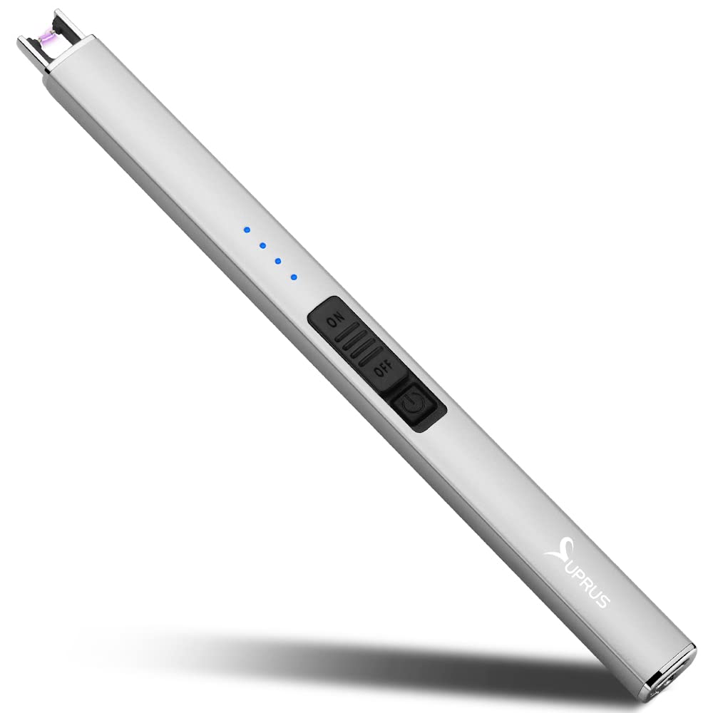 Encendedor eléctrico de arco SUPRUS, resistente al viento, sin llama, recargable por USB, con bloqueo de seguridad para vela, barbacoa, camping (Oro champán)
