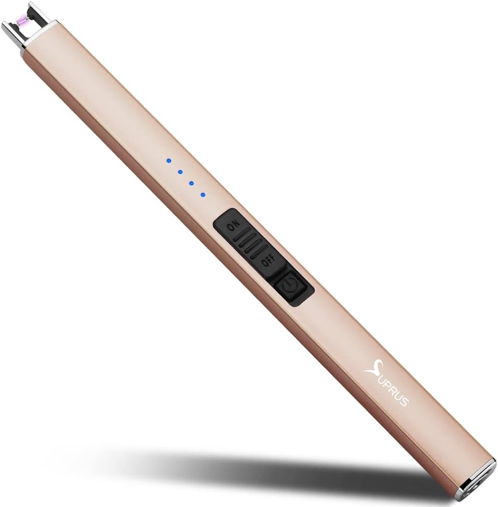 Encendedor eléctrico de arco SUPRUS, resistente al viento, sin llama, recargable por USB, con bloqueo de seguridad para vela, barbacoa, camping (Oro champán)
