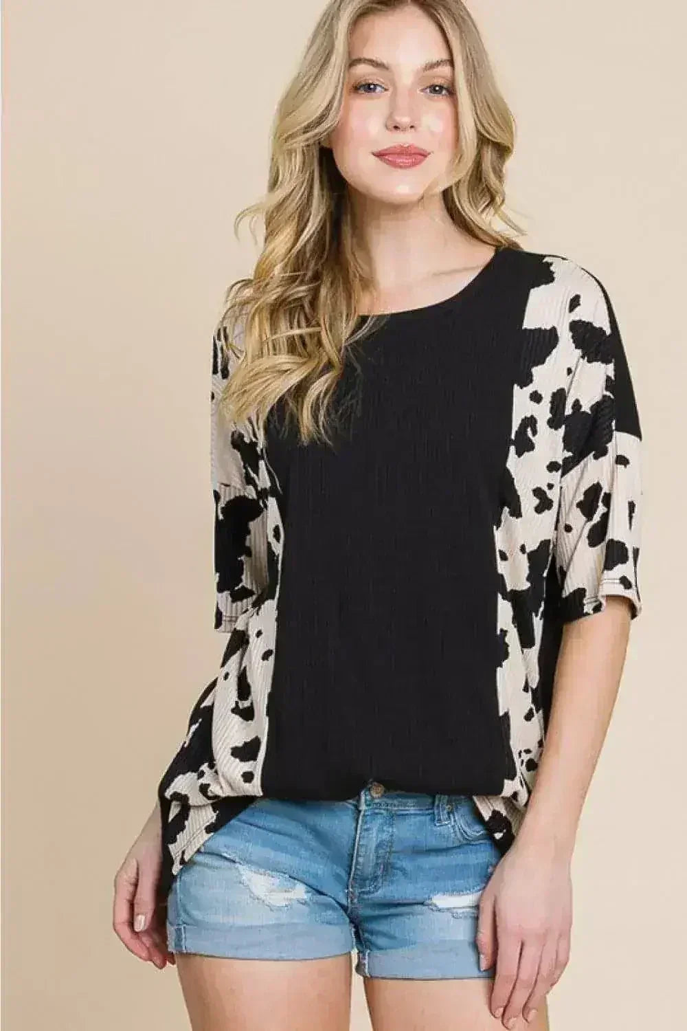 Animal Contrast Ribbed Tee - Edgy Women's Top | Femstylo
