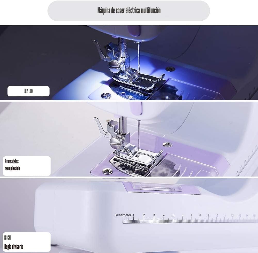 Rxmeili Máquina de coser portátil mini, máquina de coser eléctrica para principiantes, 12 puntadas integradas, 2 velocidades con pedal, luz, cajón de almacenamiento.