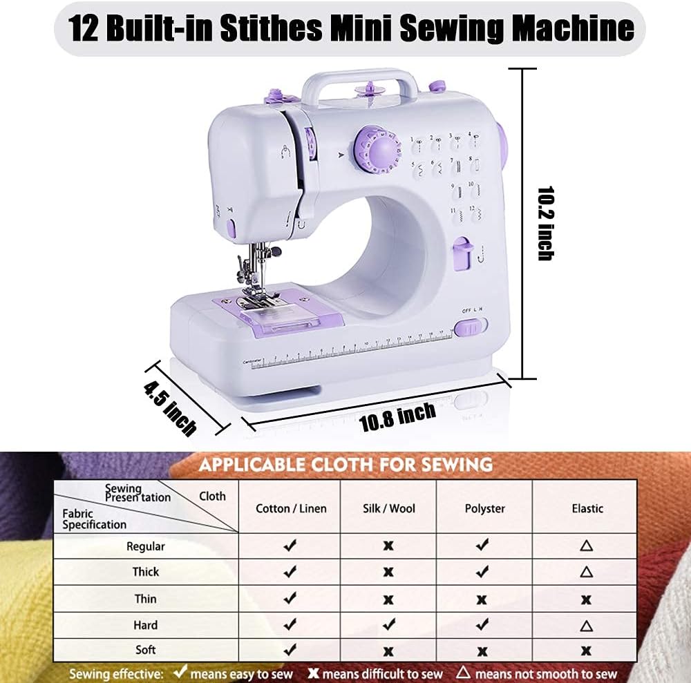 Rxmeili Máquina de coser portátil mini, máquina de coser eléctrica para principiantes, 12 puntadas integradas, 2 velocidades con pedal, luz, cajón de almacenamiento.
