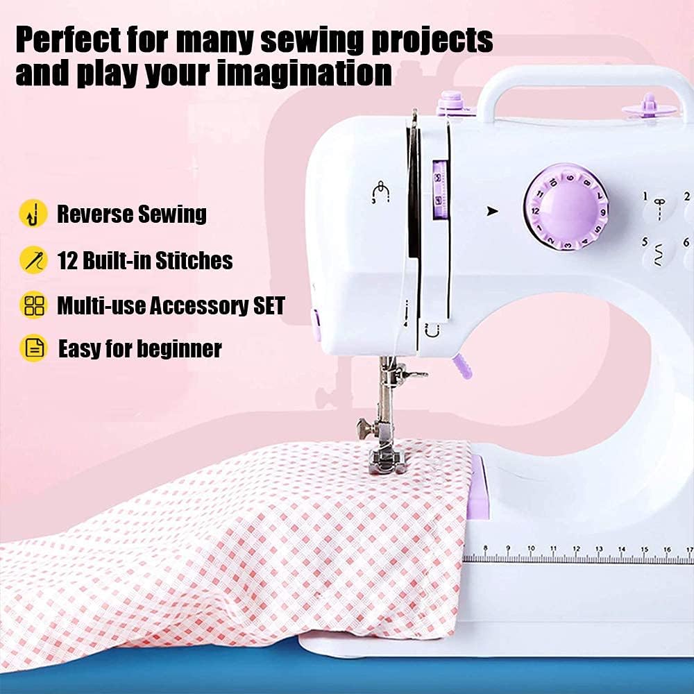 Rxmeili Máquina de coser portátil mini, máquina de coser eléctrica para principiantes, 12 puntadas integradas, 2 velocidades con pedal, luz, cajón de almacenamiento.