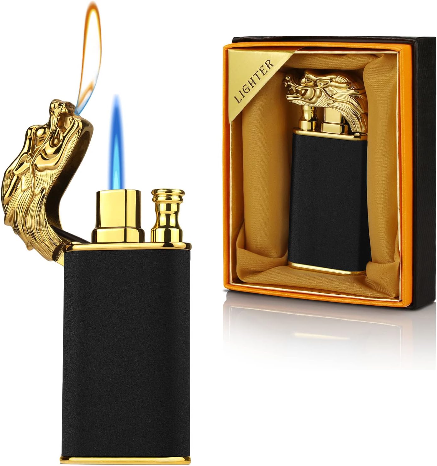 Encendedor mágico de dragón de doble llama, soplete recargable de butano con chorro intercambiable a prueba de viento y fuego suave, regalo creativo de doble llama para hombres (negro, sin gas)