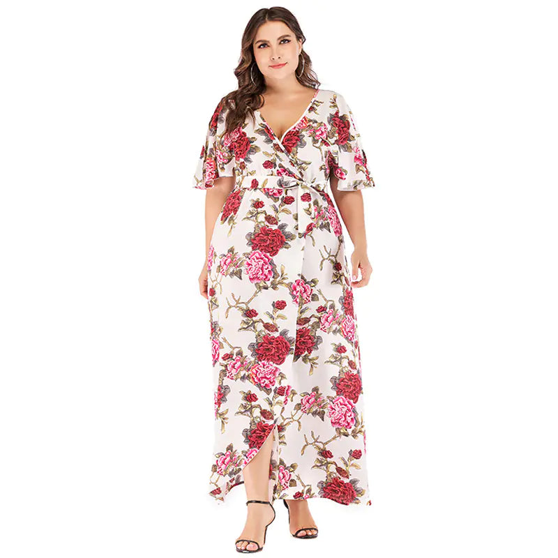 Bohemian V-Neck Short Sleeve Beach Dress with Slit