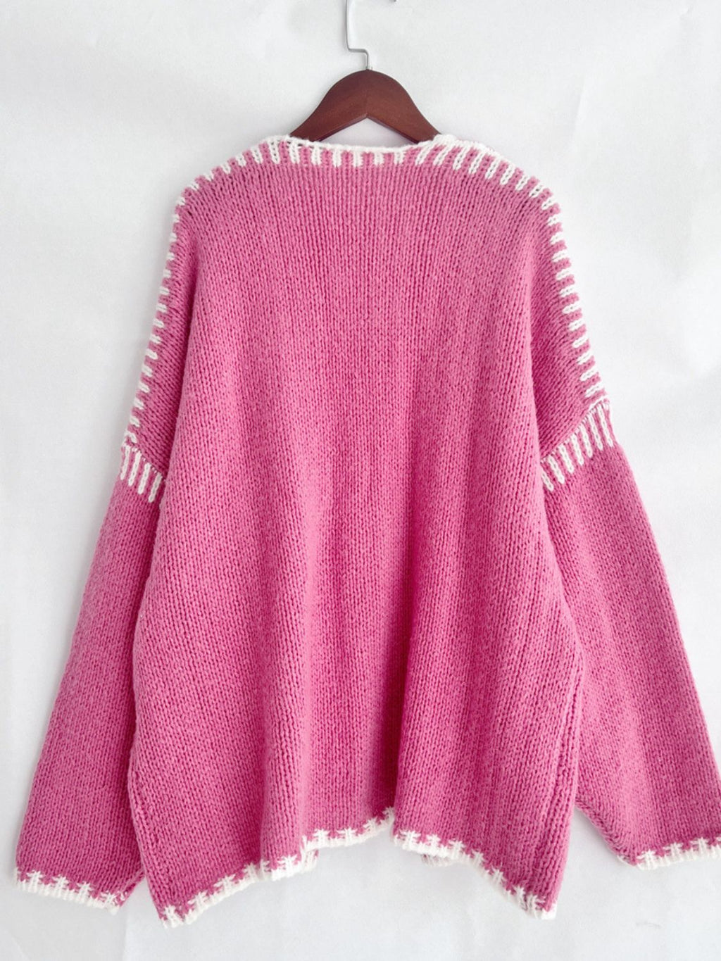 Back To School Sweater - Double Take Contrast Open Front Dropped Shoulder Cardigan