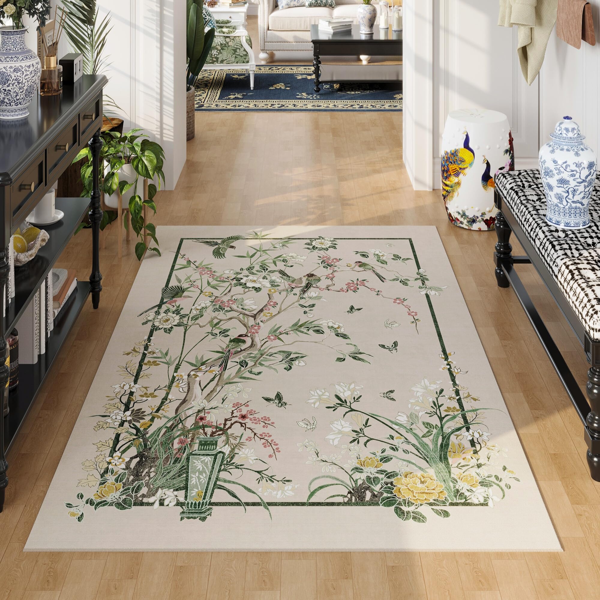 Vowkten Indoor Door Mat 2x3 Pink Floral Vintage Non-Slip Low Pile Rug