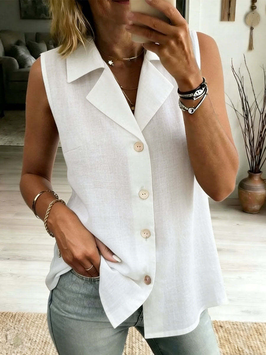 Women's Solid-Color Sleeveless Loose Vest Top – Button Detail