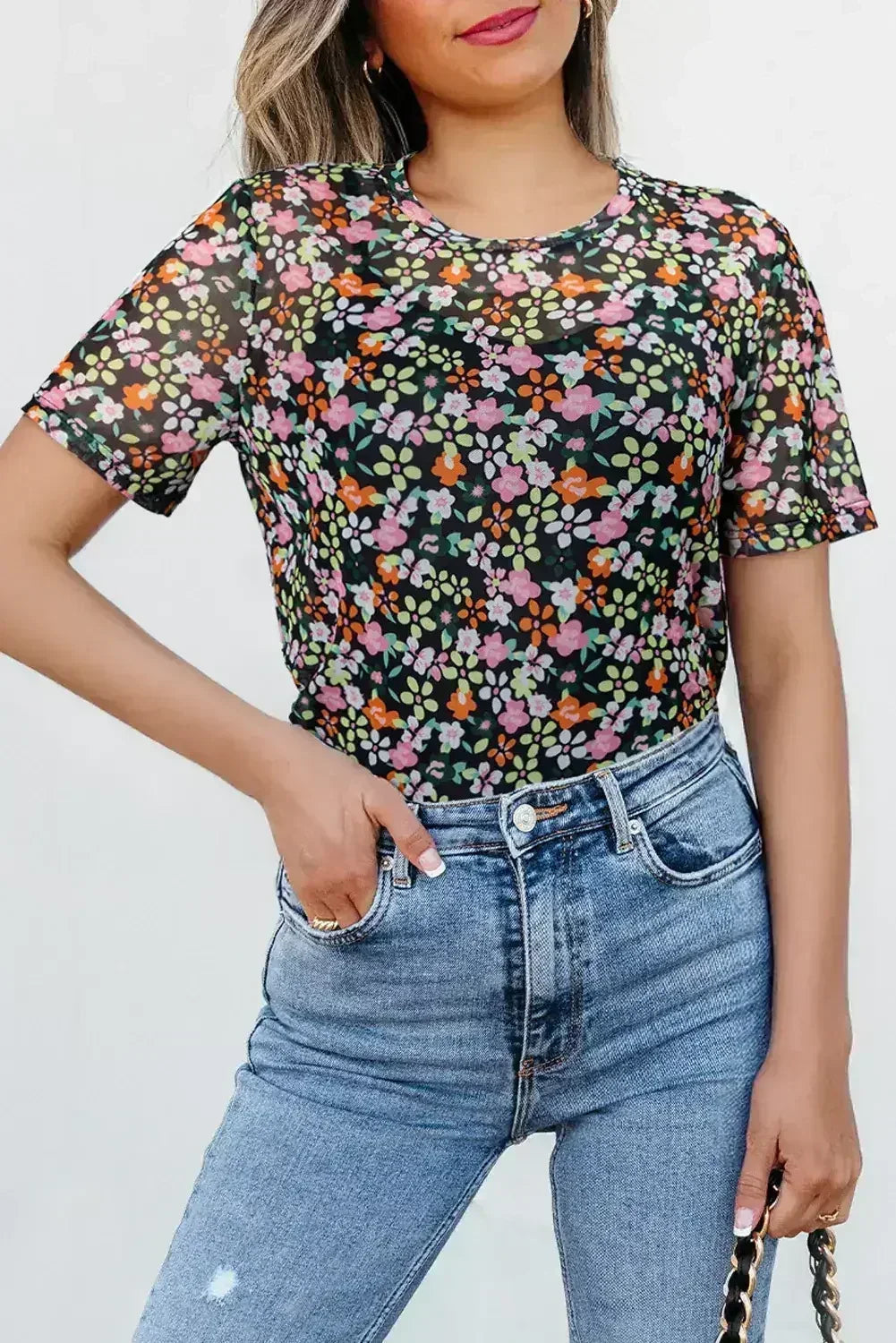 Black Sheer Mesh Floral Round Neck T Shirt with Camisole