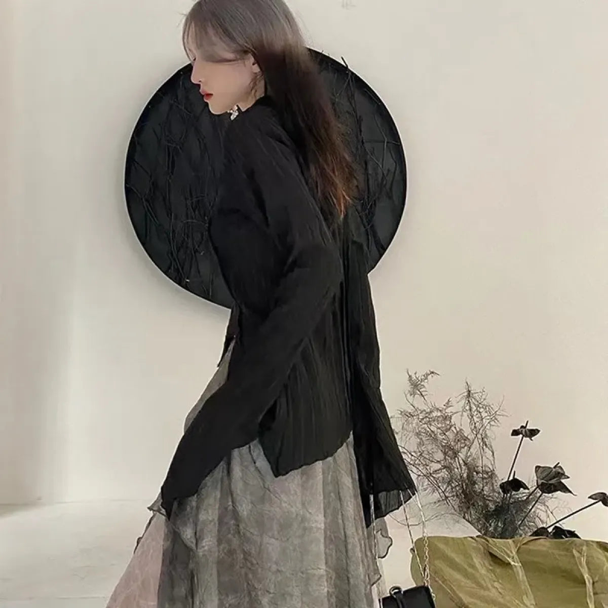Black Gothic Irregular Shirt – Dark Aesthetic Grunge Blouse