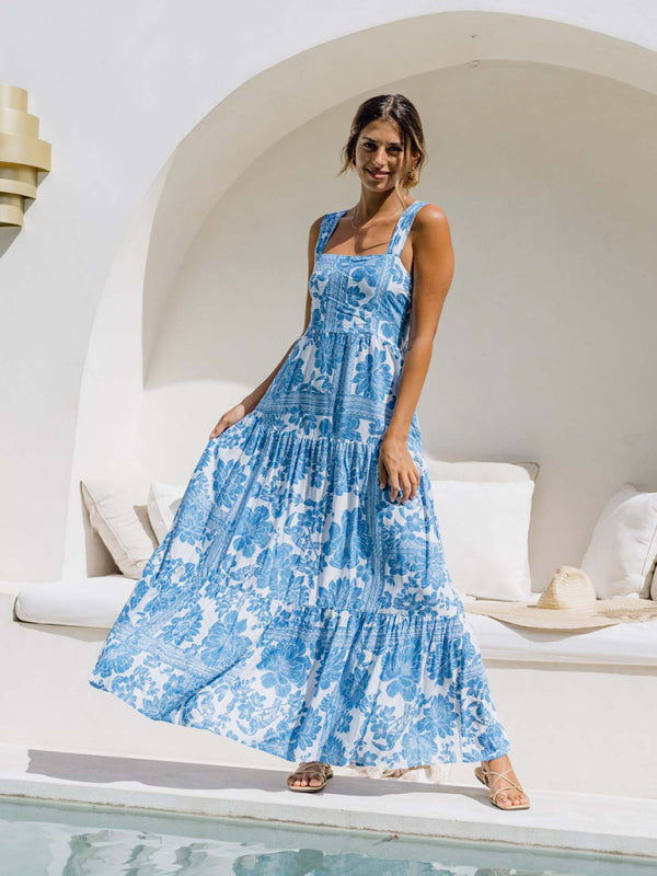 Blue floral print bohemian holiday beach dress loose suspender dress