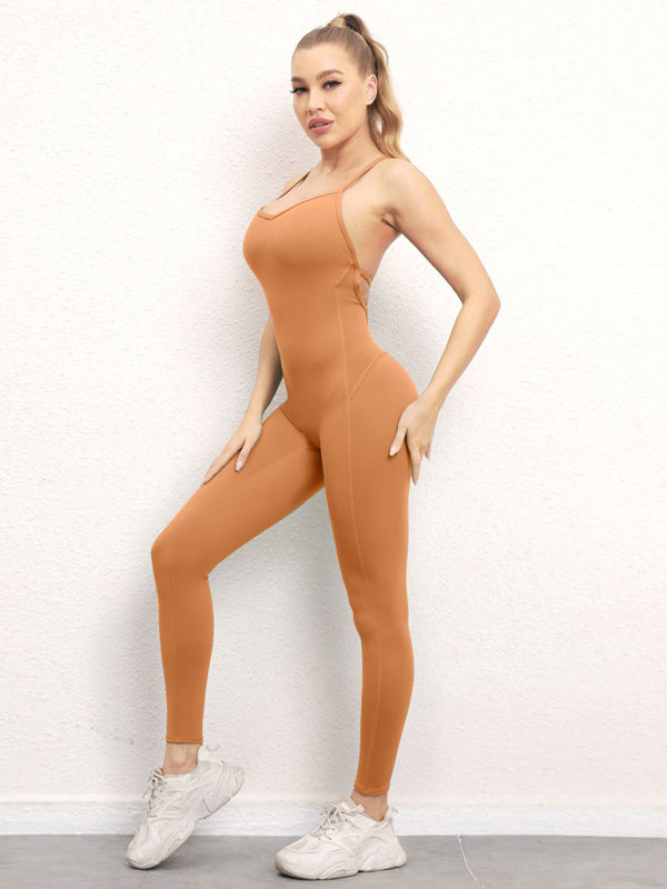 Women's Camo Athletic Jumpsuit - Cross Strap & High Waist Design