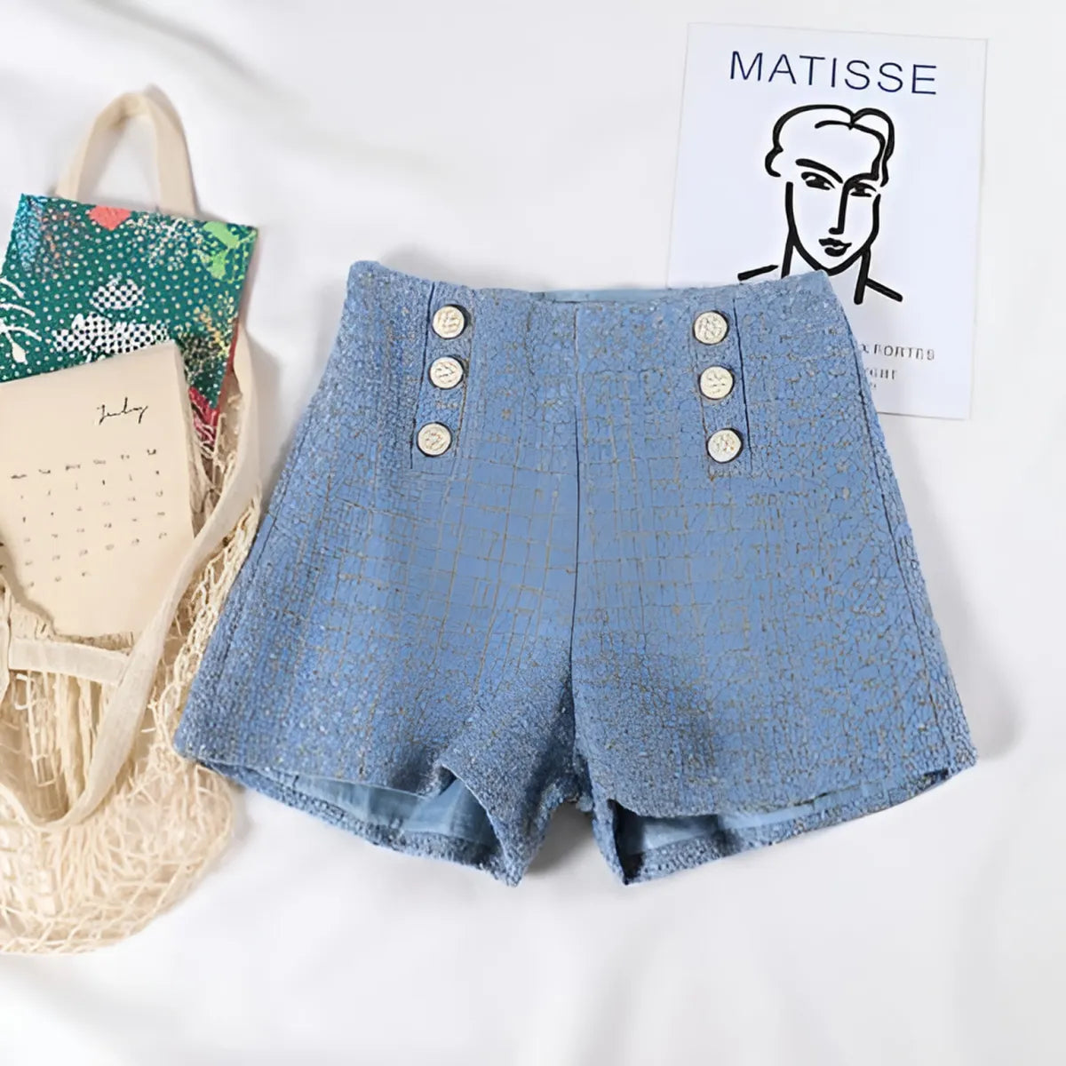 Button Decorated Tweed Shorts for Women
