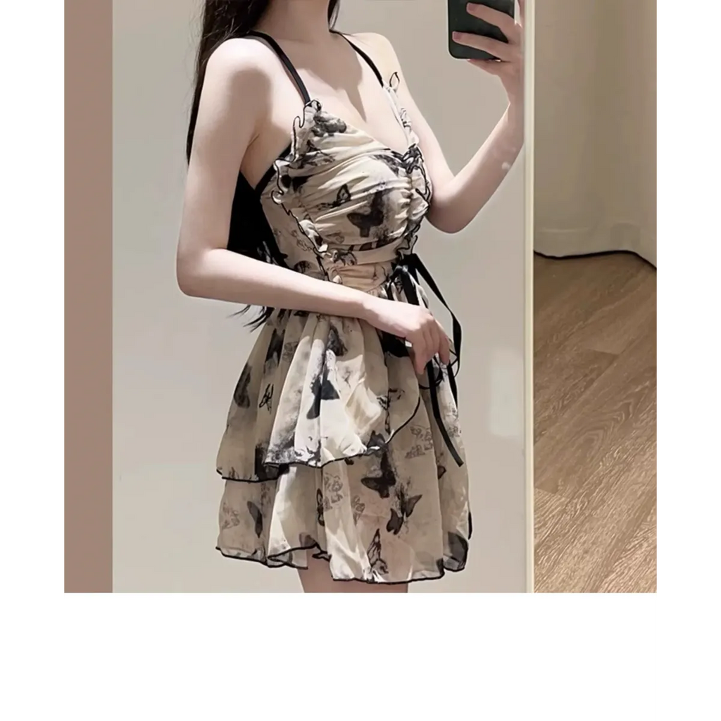 Butterfly Print One Piece Swimsuit – Vintage Ruffle Mini Dress Style
